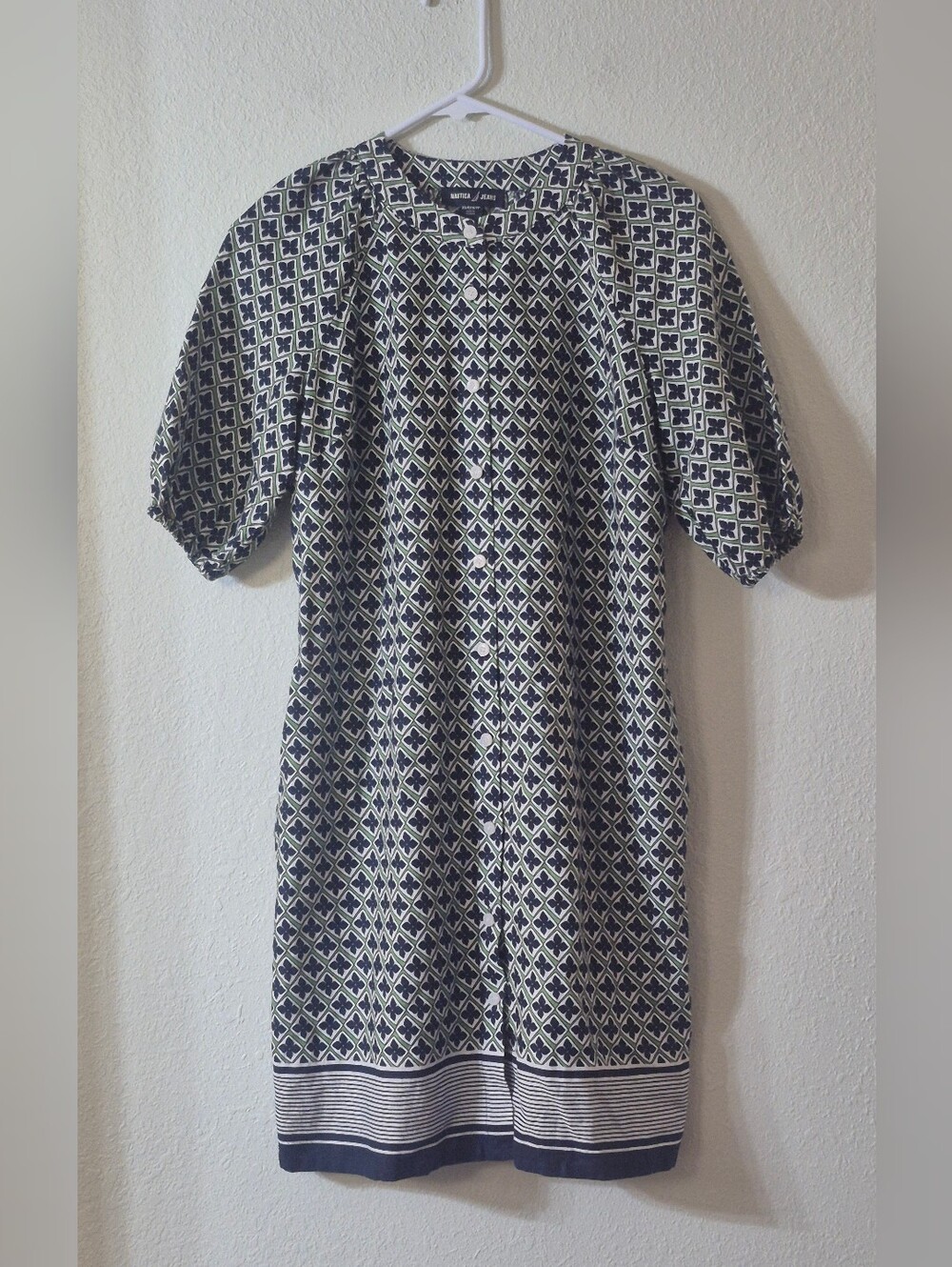 Nautica Green and White Geometric Short-Sleeve Shift Dress